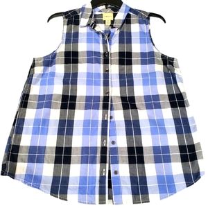 Sleeveless plaid blue white black shirt medium